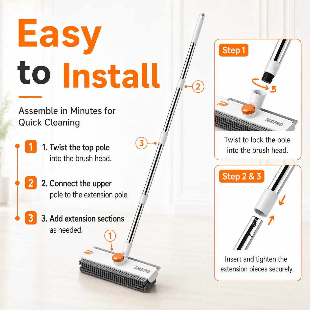Heavy Duty Floor Cleaning Brush with Long Handle, Scrubber & Scraper