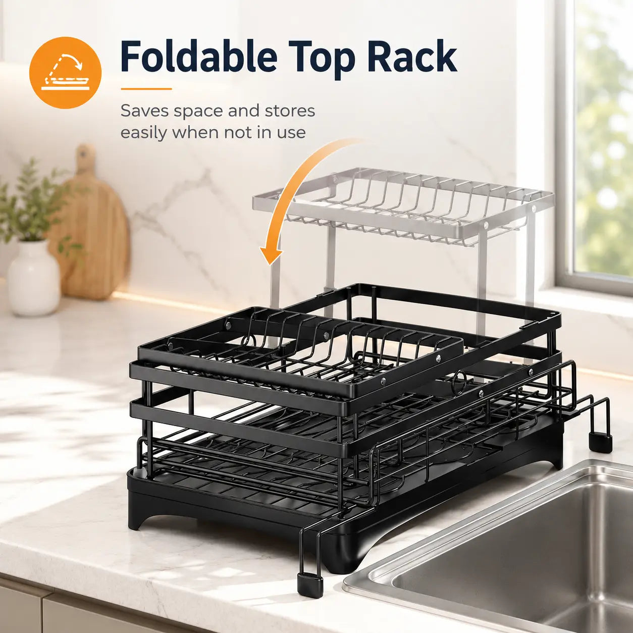 Foldable Over Sink Dish Drying Rack with Pull Out 2 Tier Storage Design