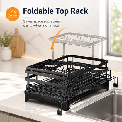 Foldable Over Sink Dish Drying Rack with Pull Out 2 Tier Storage Design